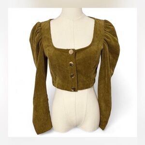 Zara Olive Green Corduroy Puff Sleeve Crop Top